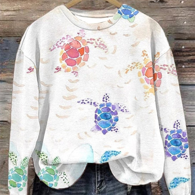 Kvinders Efterårs- og Vintertrends Digitaltrykt Rundhalset Sweater med Slidsede Skuldre og Lange Ærmer
