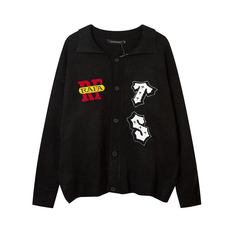 American High Street Letter Embroidery Design Lapel Sweater