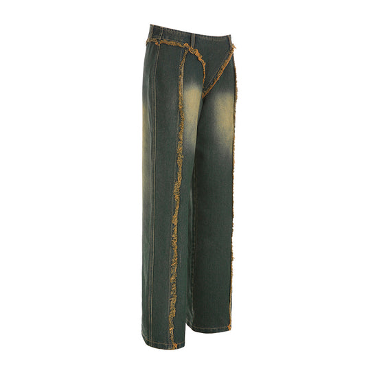 Retro Burr Design Sense Niche Straight Wide Leg Low Waist Jeans