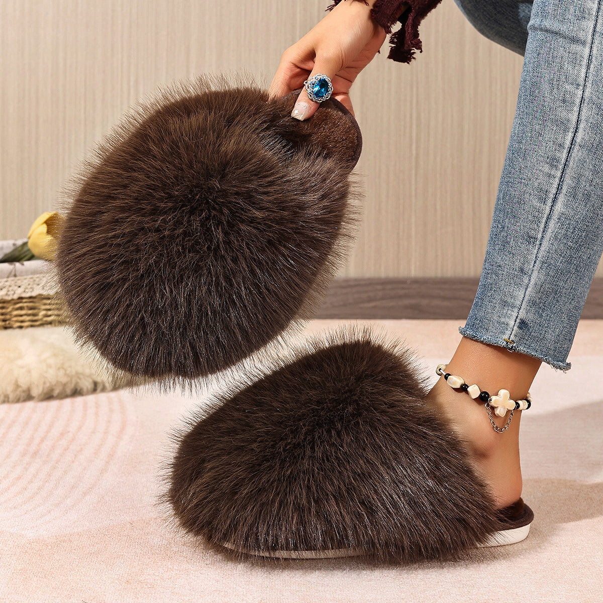 Kvinde Plus-size Ensfarvede Fluffy Store Pelsede Hjemmesko