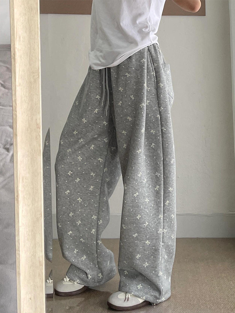 Vintage Bow Polka Dot Track Sweatpants Women's Straight Wide Leg Casual Pants