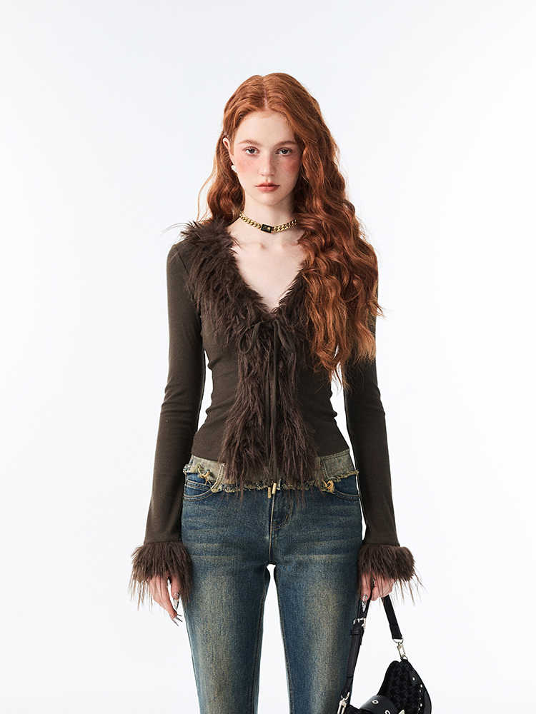 Woolen Sweater V-neck Lace Up Cardigan Long-sleeved Top