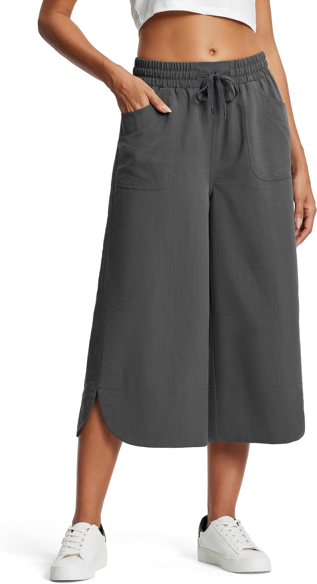 Summer Elastic Waist Solid Color Wide Leg Loose Casual Cropped Pants For Women