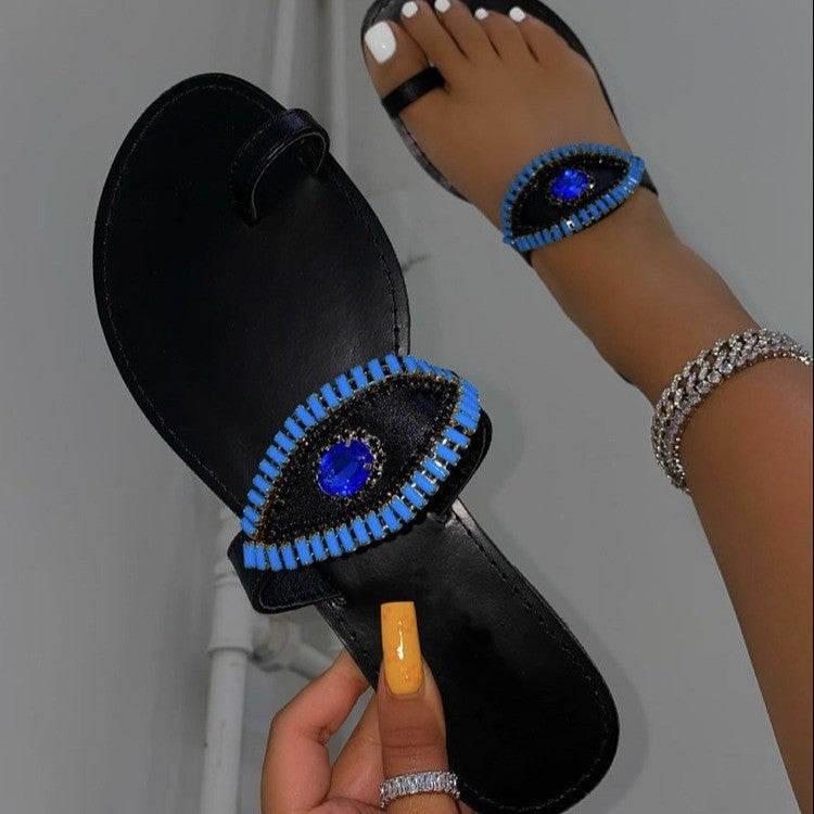 Sapphire Rhinestone Set Toe Flat Slippers European And American Large Size