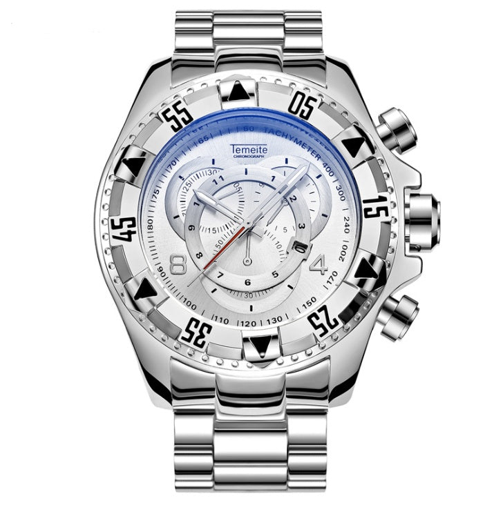 Explosion models watch men's fake three-eye luminous large dial steel belt sports men's watch