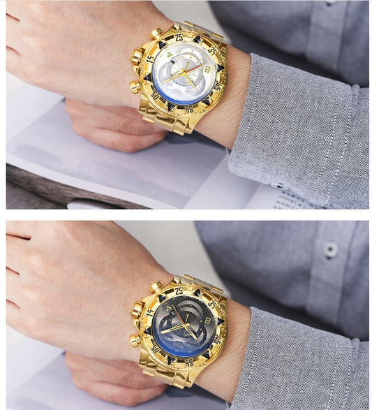 Explosion models watch men's fake three-eye luminous large dial steel belt sports men's watch