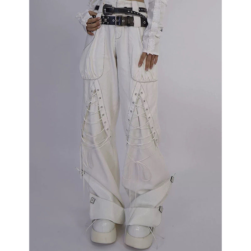 Asian Culture White Heavy Industry Double Waist Head Curling Overalls