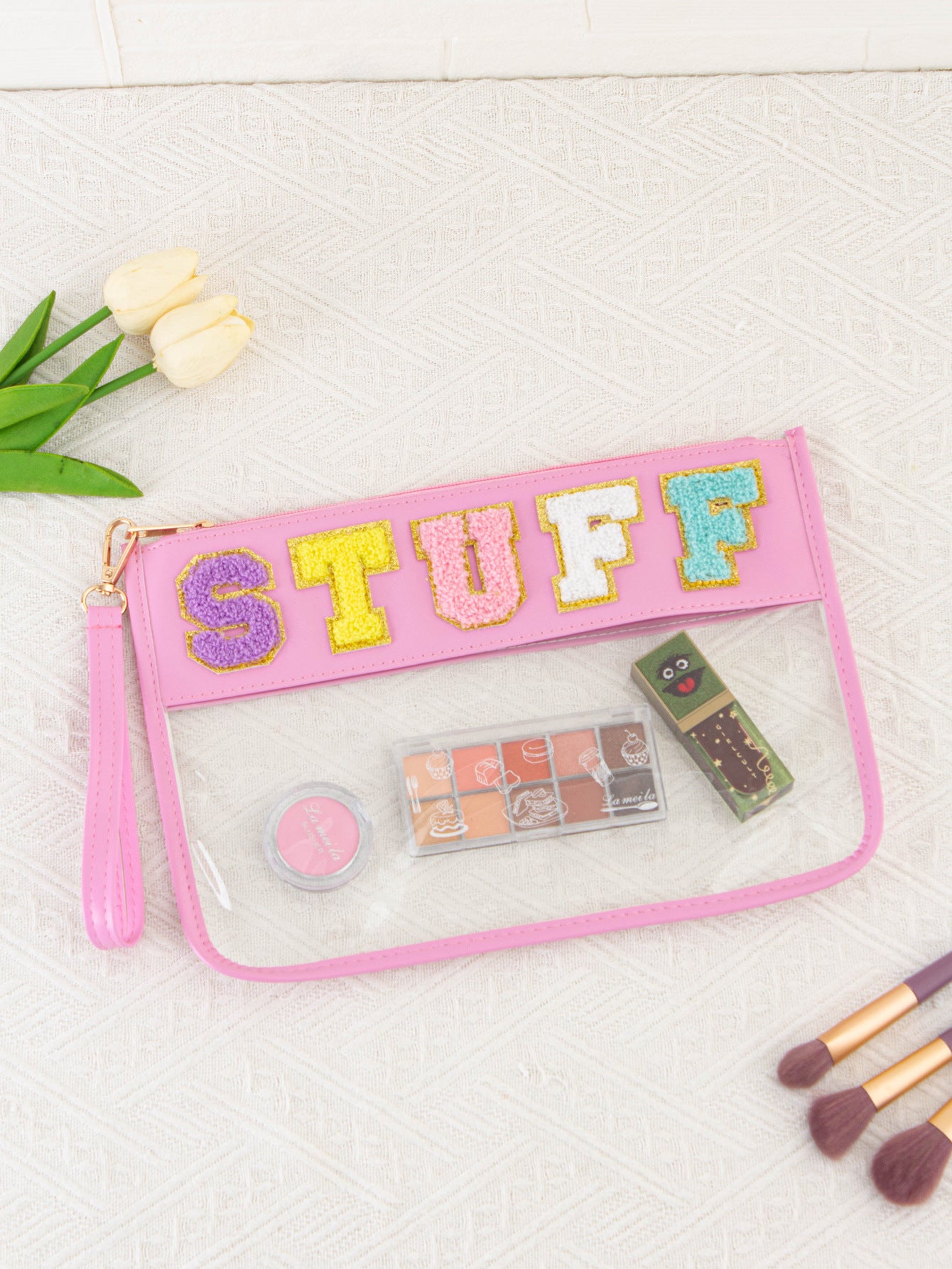 Snack Storage Bag Transparent Pvc Zipper Embroidery Lettered Make-up Bag