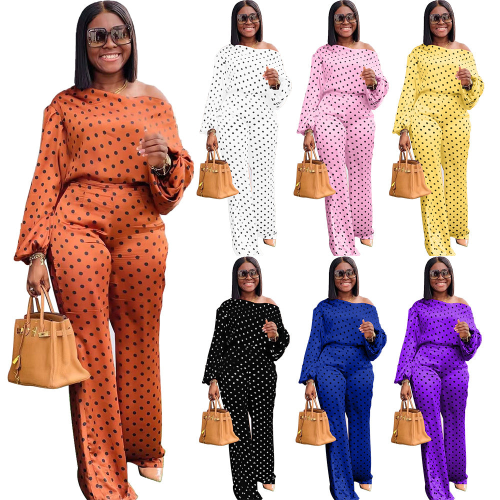 Polka Dot Printed Long-sleeved Trousers Casual Fashion Loose Shoulder Suit