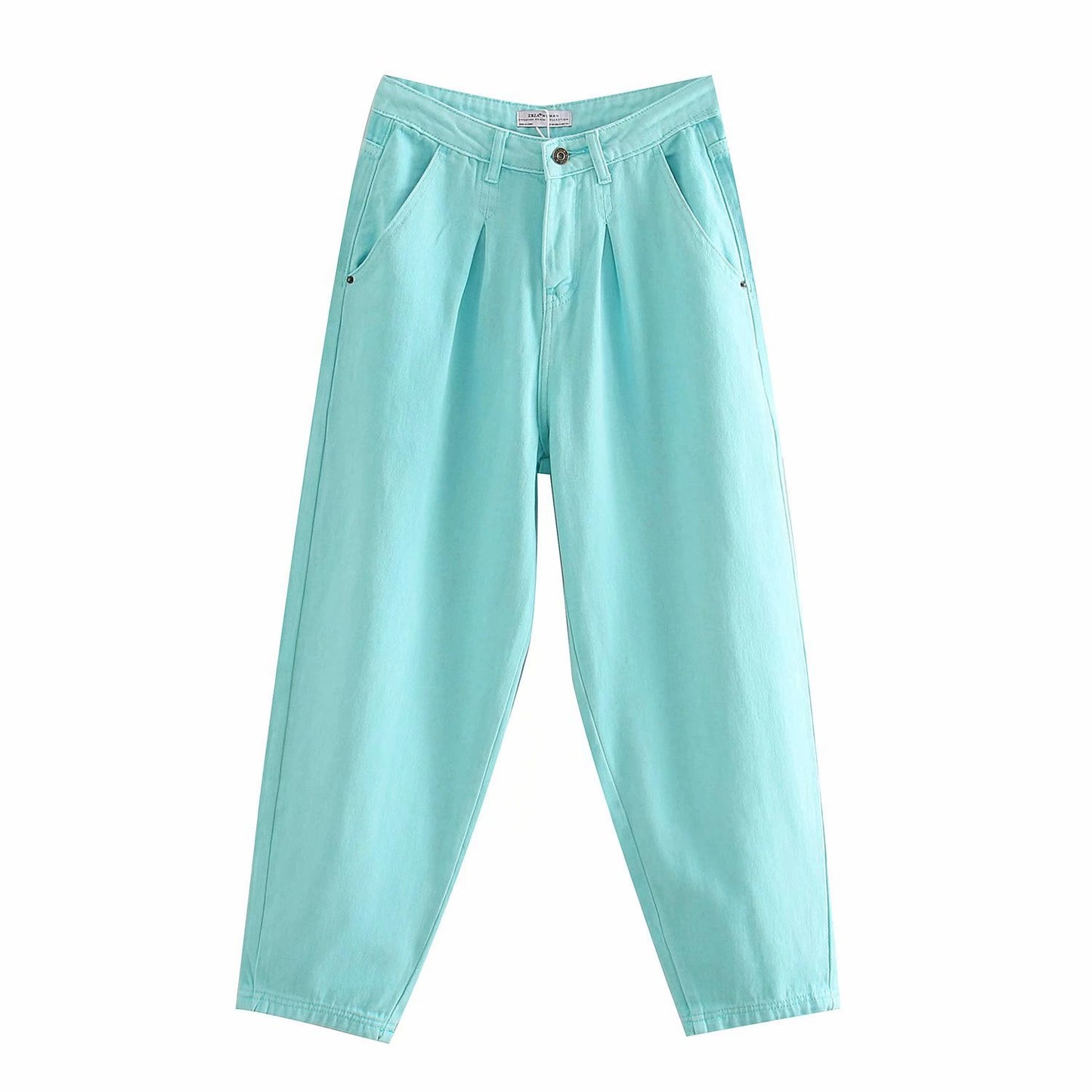 High Waist Washed Pleated Jeans Roll-up Radish Pants