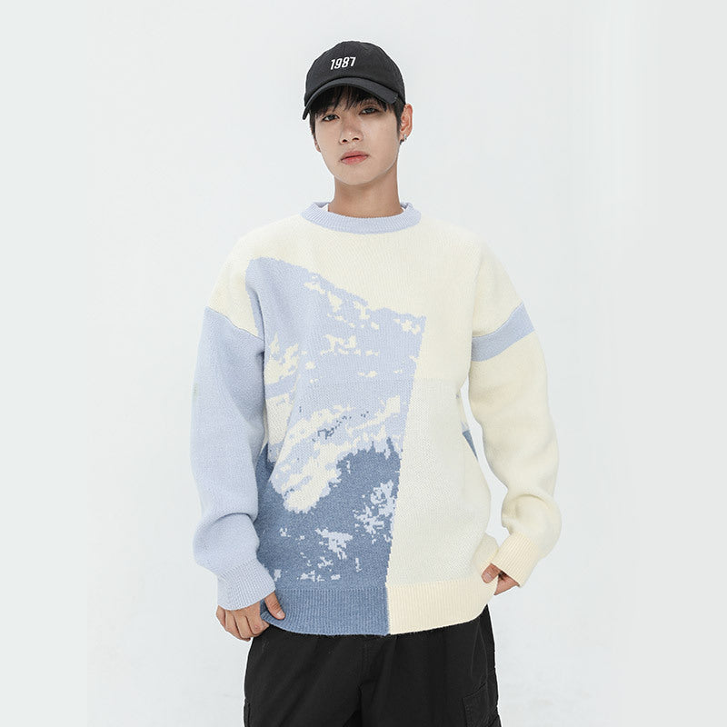 Men's Landscape Painting Color Matching Color Contrast Round Neck Sweater