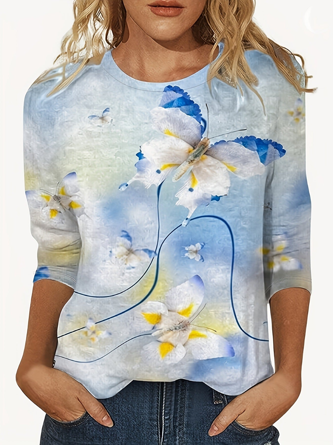 Europæisk og amerikansk blomsterprintet langærmet T-shirt med rund hals