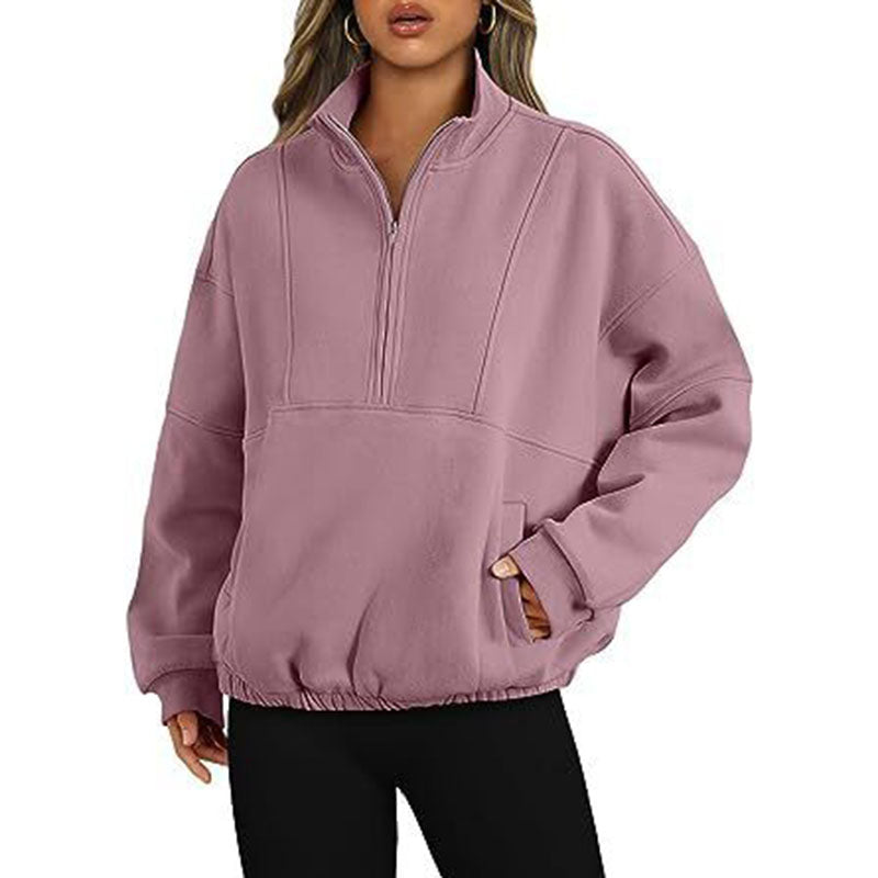 Sporty og casual sweater til kvinder med lynlåslomme, pullover, standkrave og lange ærmer