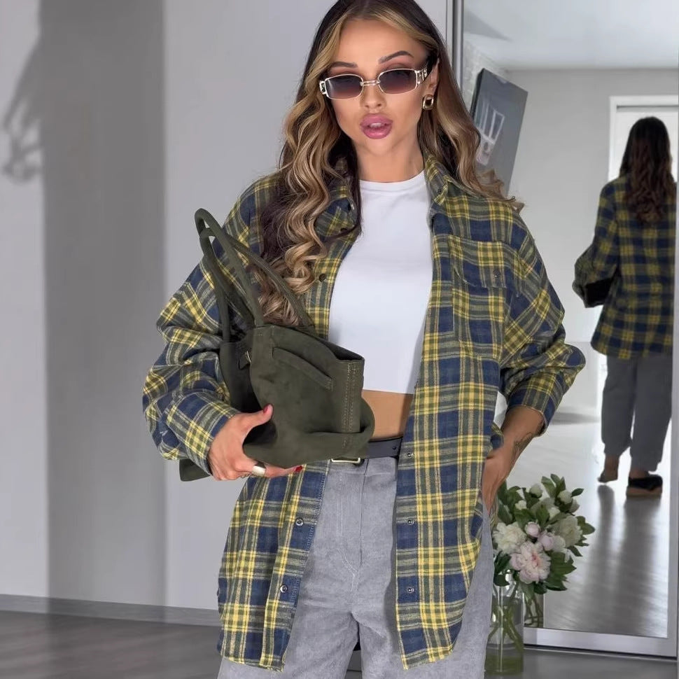 Plaid-striped Long-sleeve Womens Blouse In A Retro, Relaxed Fit