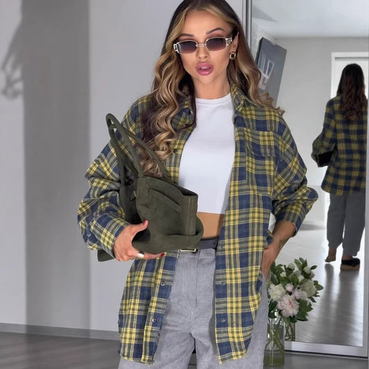 Plaid-striped Long-sleeve Womens Blouse In A Retro, Relaxed Fit