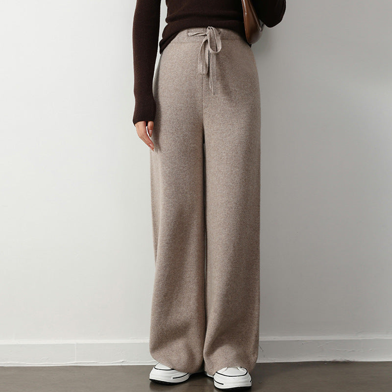 Stretch Elastic Waistband Lace-up Straight Wide-leg Pants