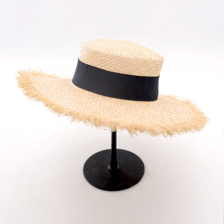 Women's Raffia Frayed Flat Big Brim Hat