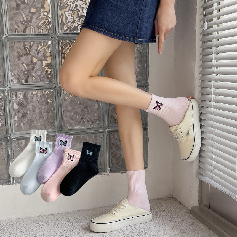 Women's Fashion Solid Color Butterfly Embroidered Mid-calf Socks