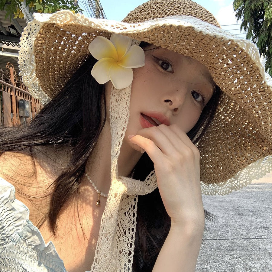 Big Brim Sun-proof Straw Hat Female Summer Seaside Breathable Lace Up