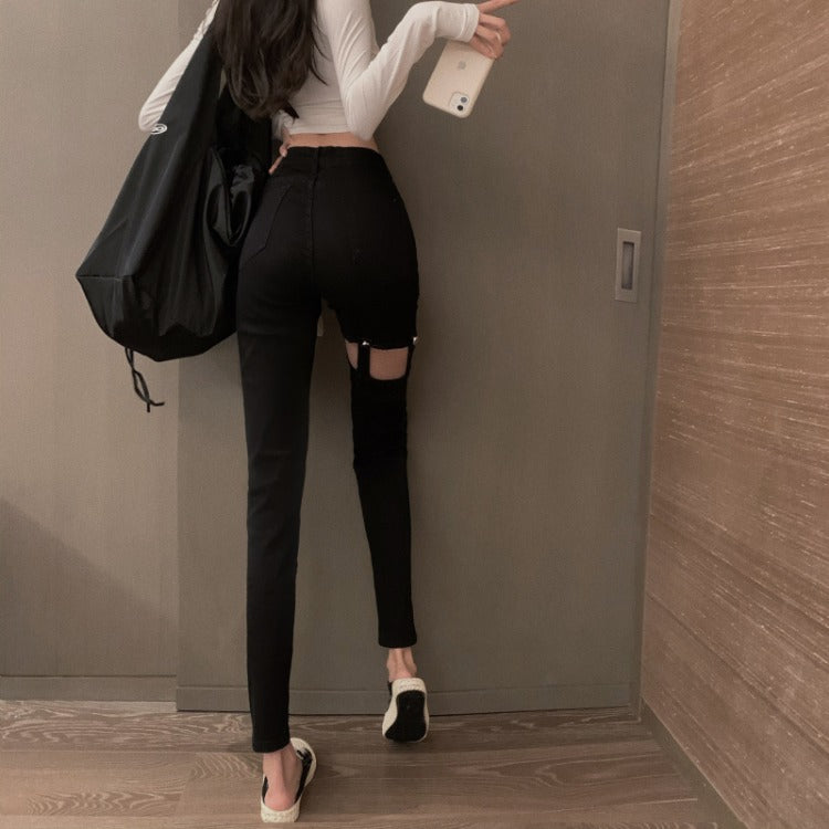 Hollow Tide High Waist Slimming Denim Daddy Pants Women