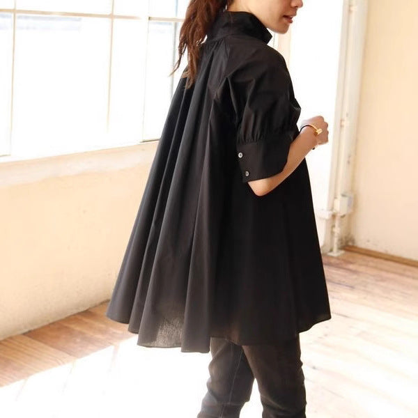 White Loose Bubble Sleeve Stand Collar Short Shirt