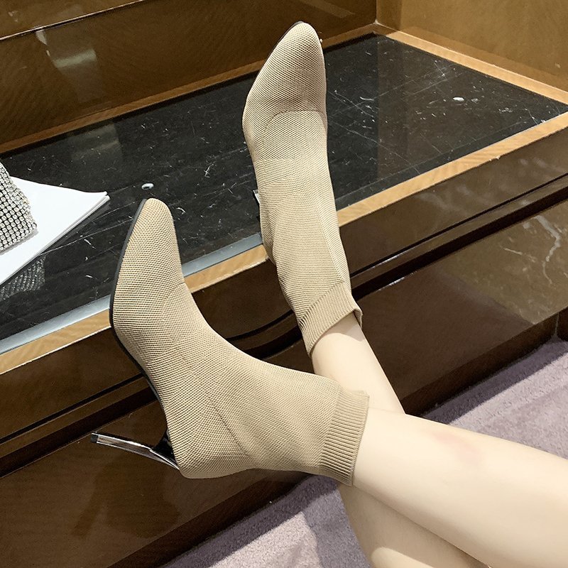 Pointed Socks Boots High Heels Elastic Boots Flat Heel Wool