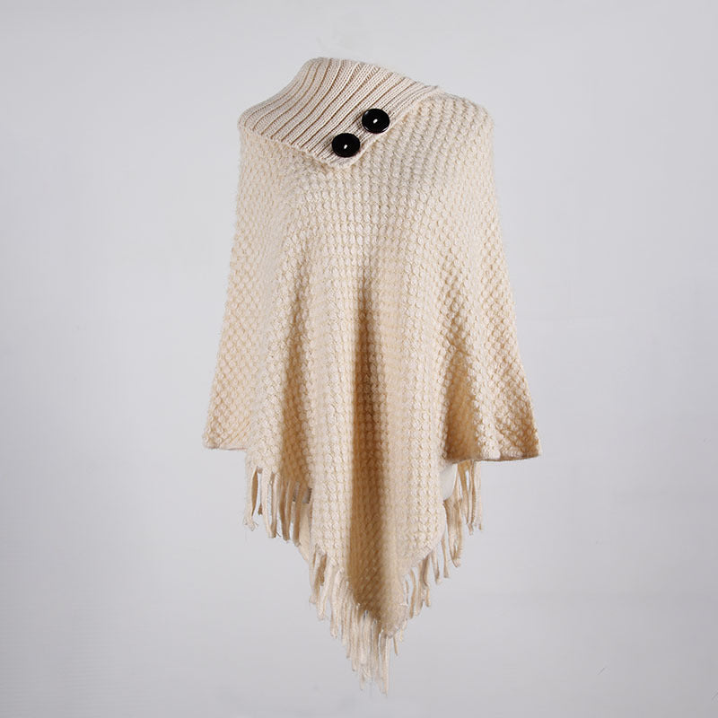 Buttoned half-open collar tassel cape shawl
