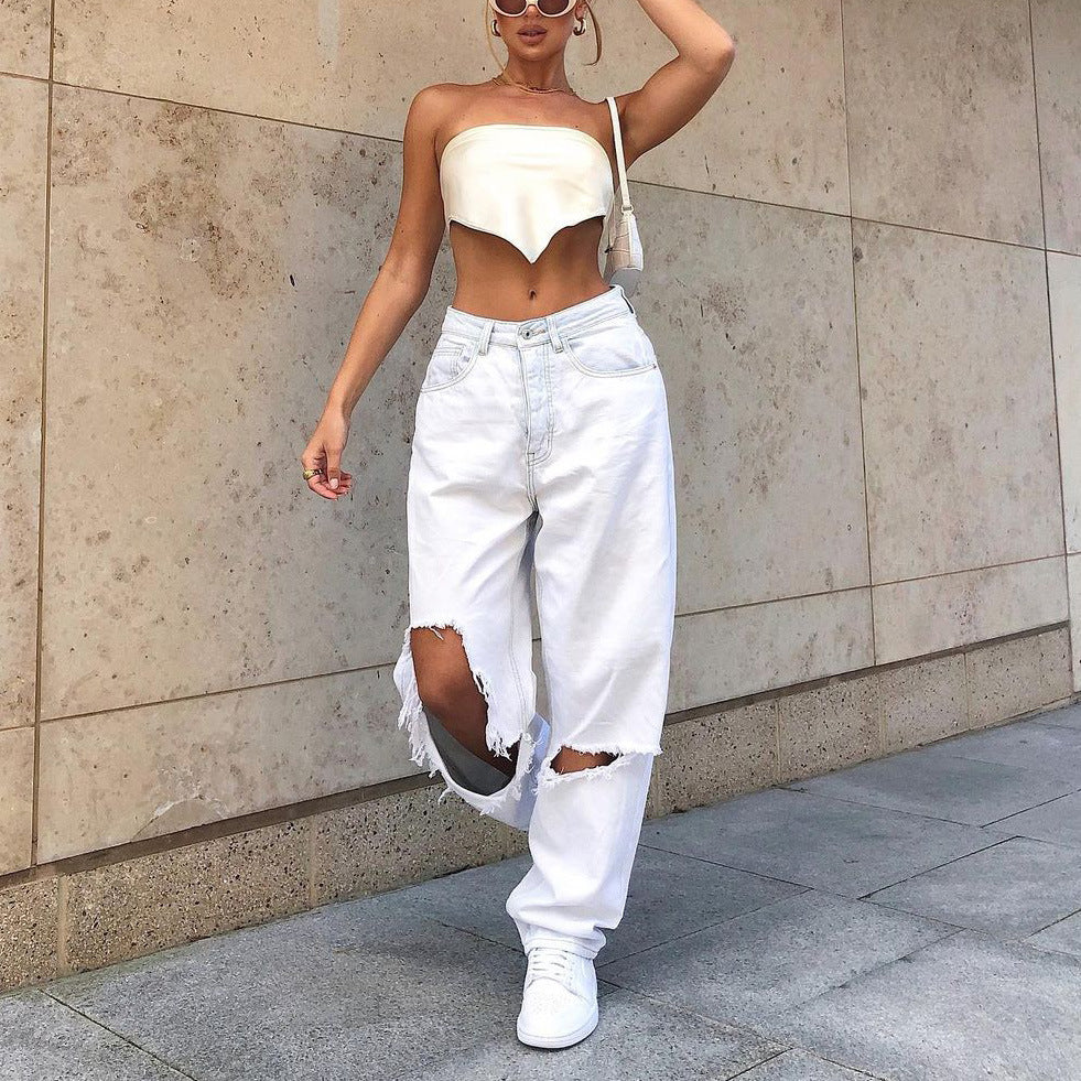 Women's Europe And America Big Hole White Jeans Lady