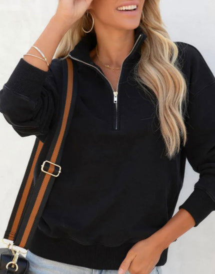 Solid Color Women's New Zip Lapel Long Sleeve Pullover Sweater