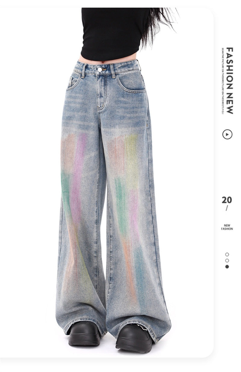 Colorful Fashion Casual Retro High Waist Loose Wide Legs Jeans