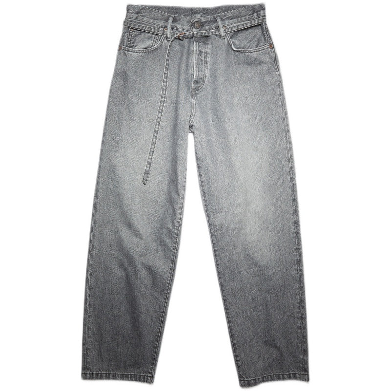 Washed Grey Classic Basic High Waist Cord Straight Leg Jeans