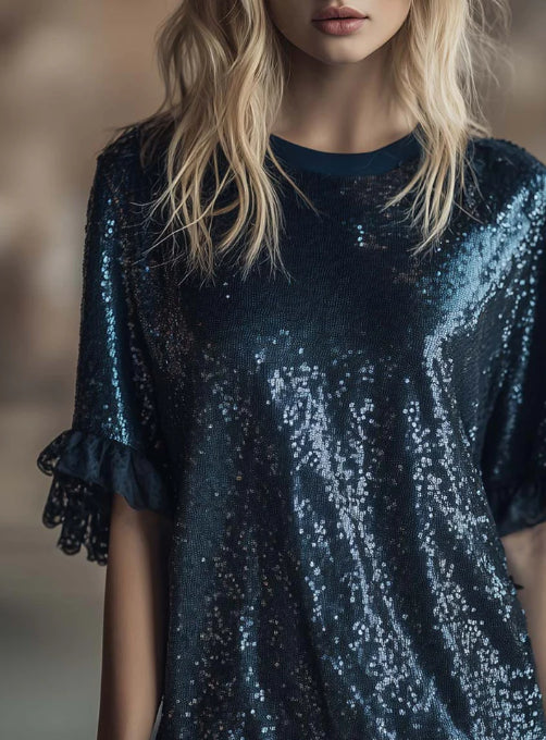 Exquisite Casual Retro Round-neck Lace Ruffled Hem Dark Blue Sequins Mini Dress