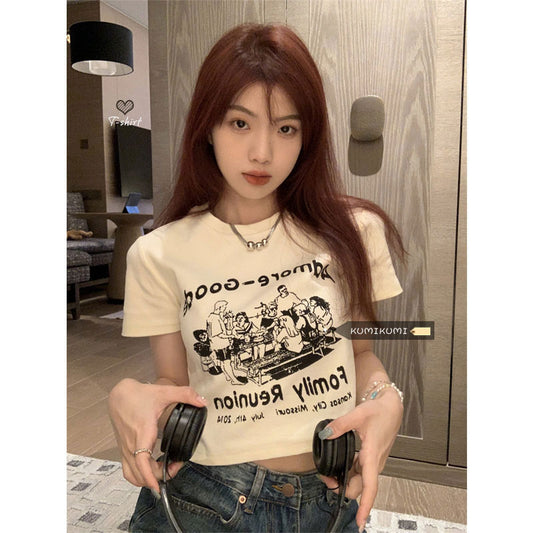 American-style Retro Cartoon-print Drop-shoulder Short-sleeve T-shirt