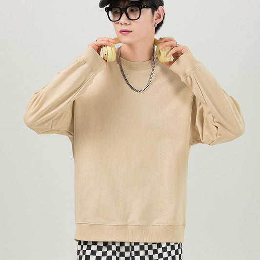 Round Neck Sweater Men's Combed Cotton Drop Shoulder Pullover