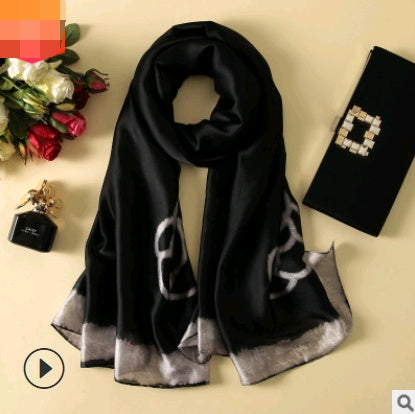 Spring, summer and autumn, new flowers, elegant and high-end artificial silk scarf, female decorative shawl, sunscreen beach towel