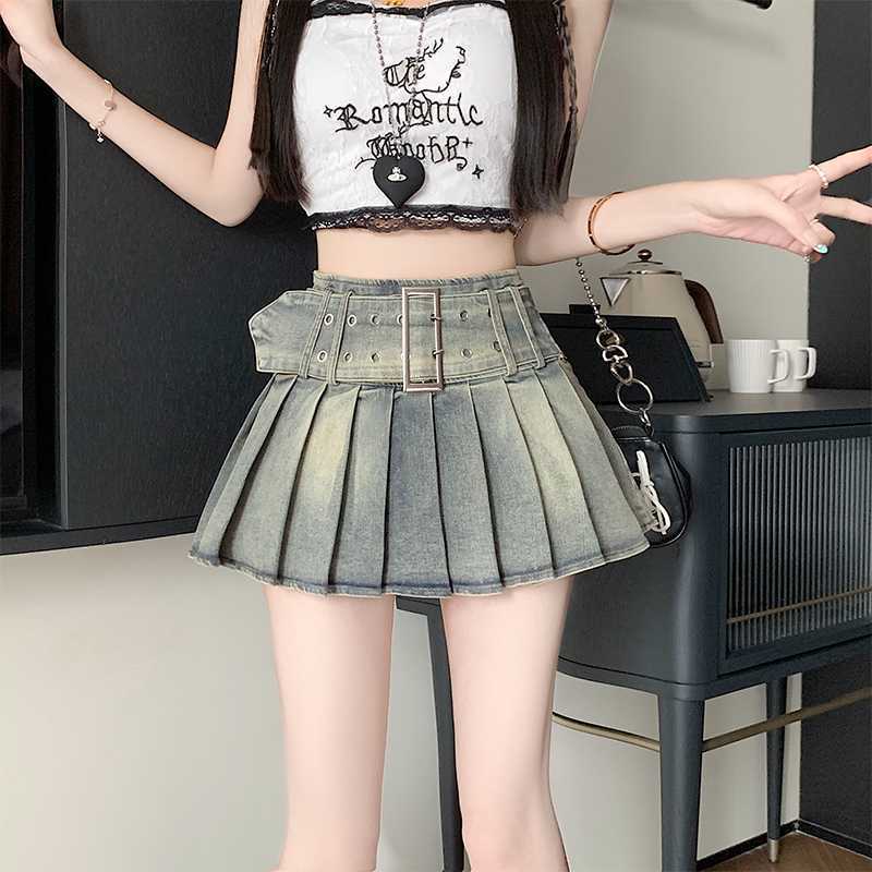 High-waisted Ultra-short Denim American Retro Bad-girl Style Sexy A-line Pleated Skirt