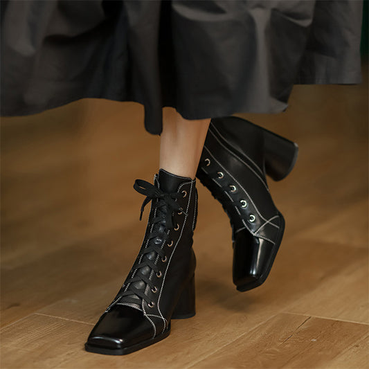 Women's New Square Toe Thick High-heeled British Style Martin Boots
