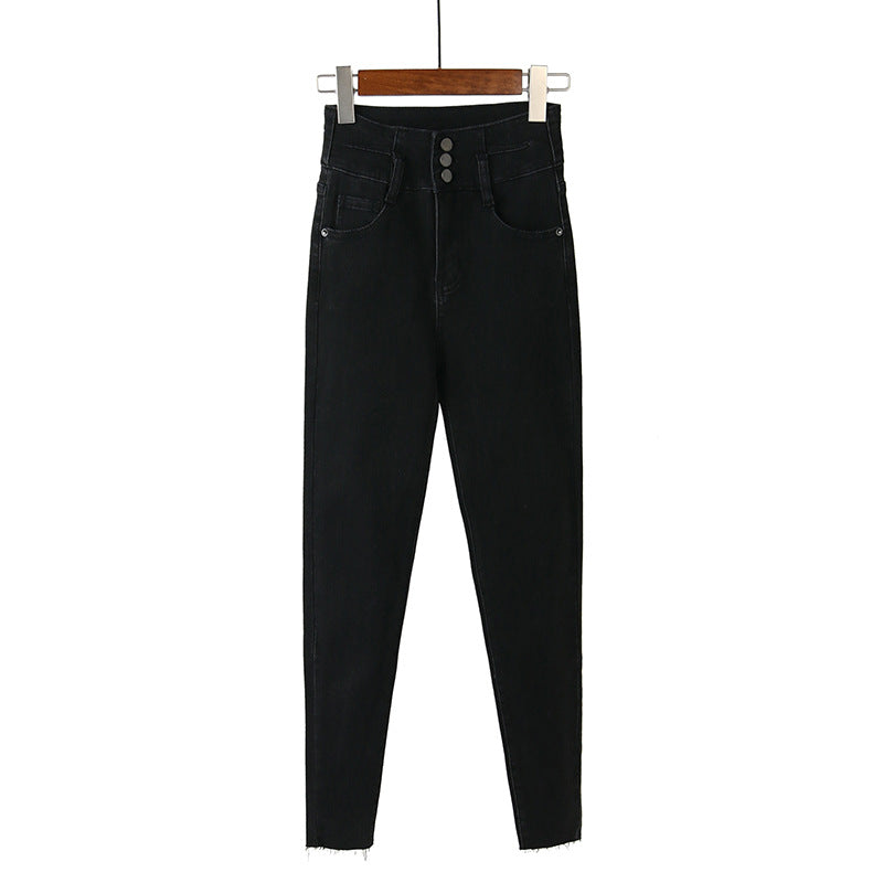 Fleece high waist jeans women's feet fall and winter