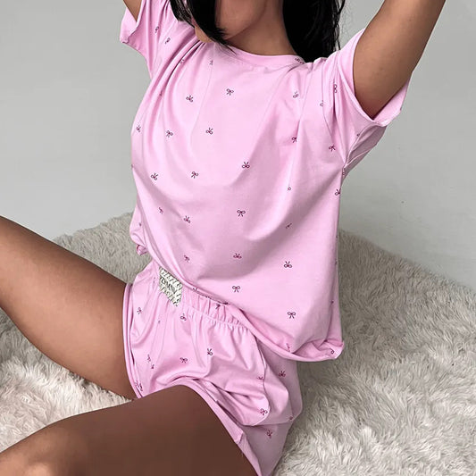 Womens Casual Set Loose And Comfortable Short-Sleeve Top And ShortsPerfect For Home Lounging Or Sleepwear
