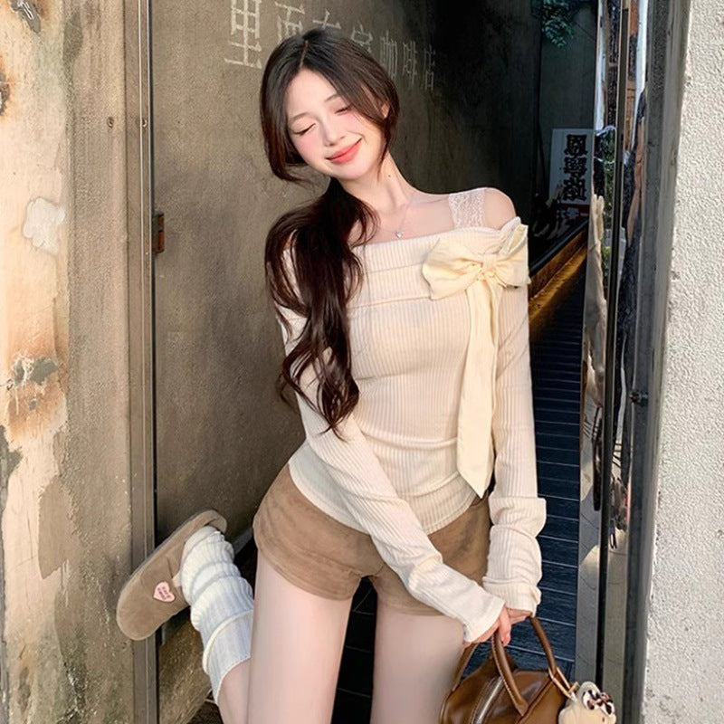 Off-shoulder Bowknot Off-shoulder Upper Clothes Long Sleeves T-shirt