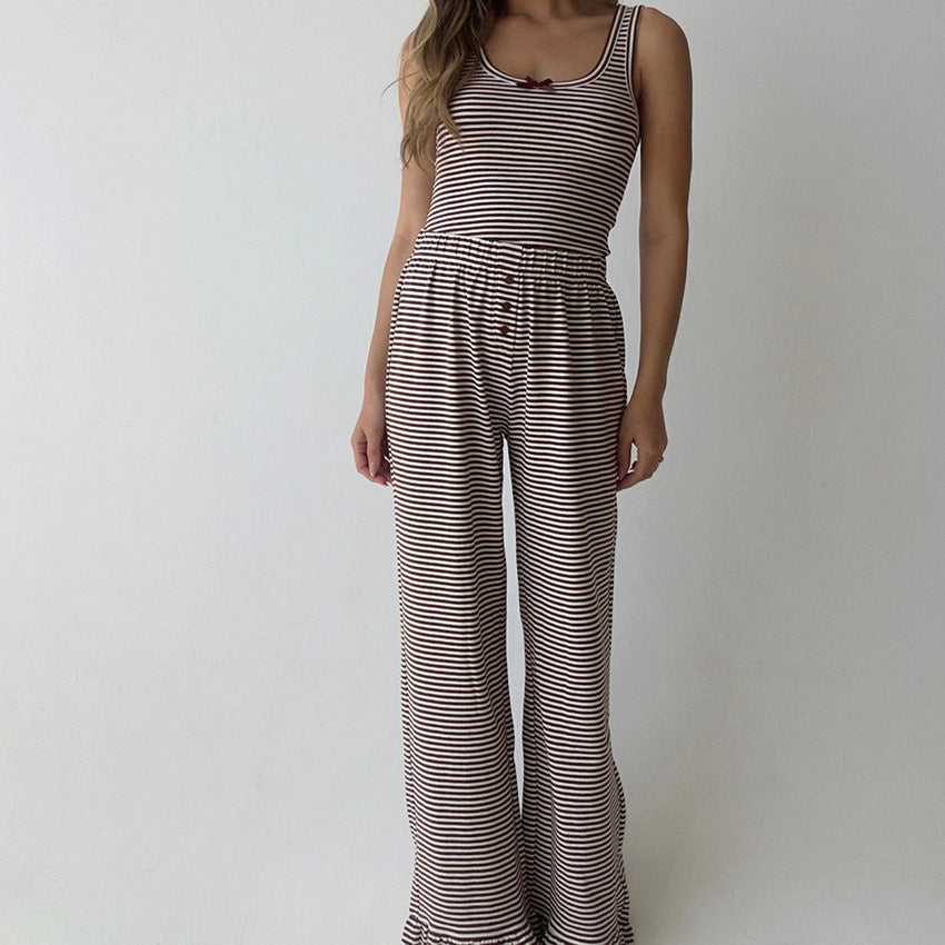 Casual Homewear Striped Vest With Ruffle-trimmed Pants Pajama Set Suitable For Outside Wear