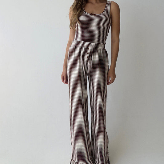 Casual Homewear Striped Vest With Ruffle-trimmed Pants Pajama Set Suitable For Outside Wear
