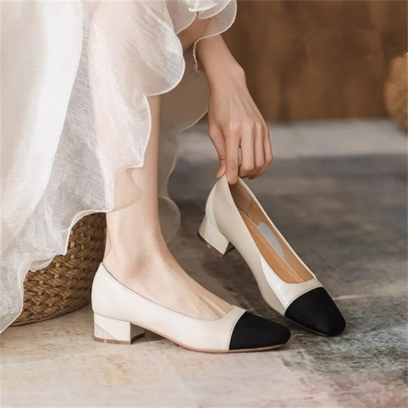 Franske bløde læder-patchwork Chanel-inspirerede pumps med blokhæl og firkantet tå til kvinder