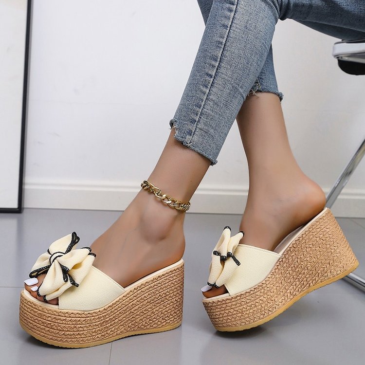 Women's Fashion Simple Bow Slope With Thick Bottom Slippers