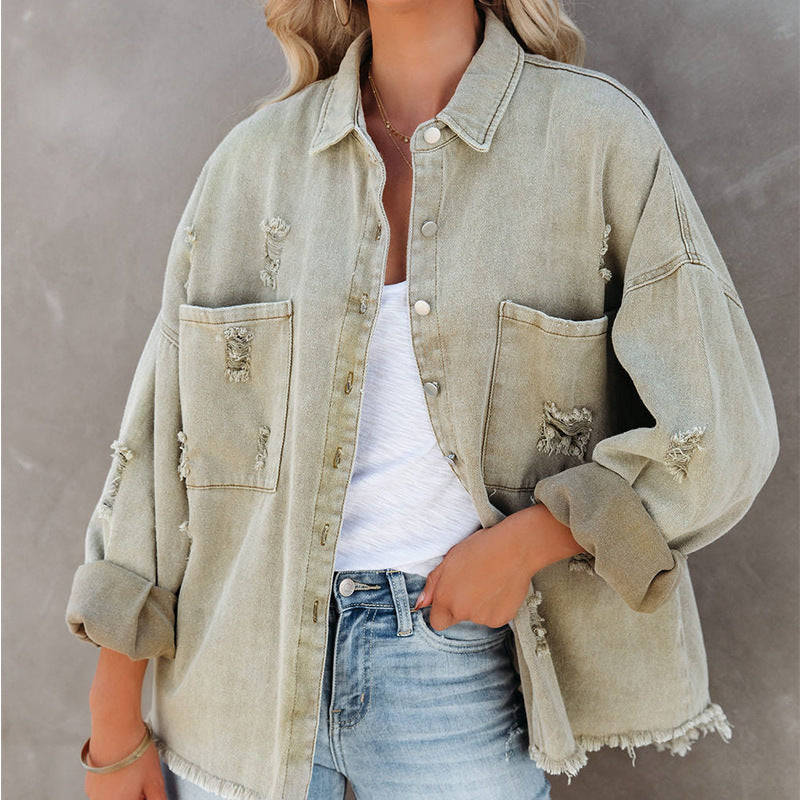 Lapel Long Sleeve Retro Street Ripped Burr Denim Coat