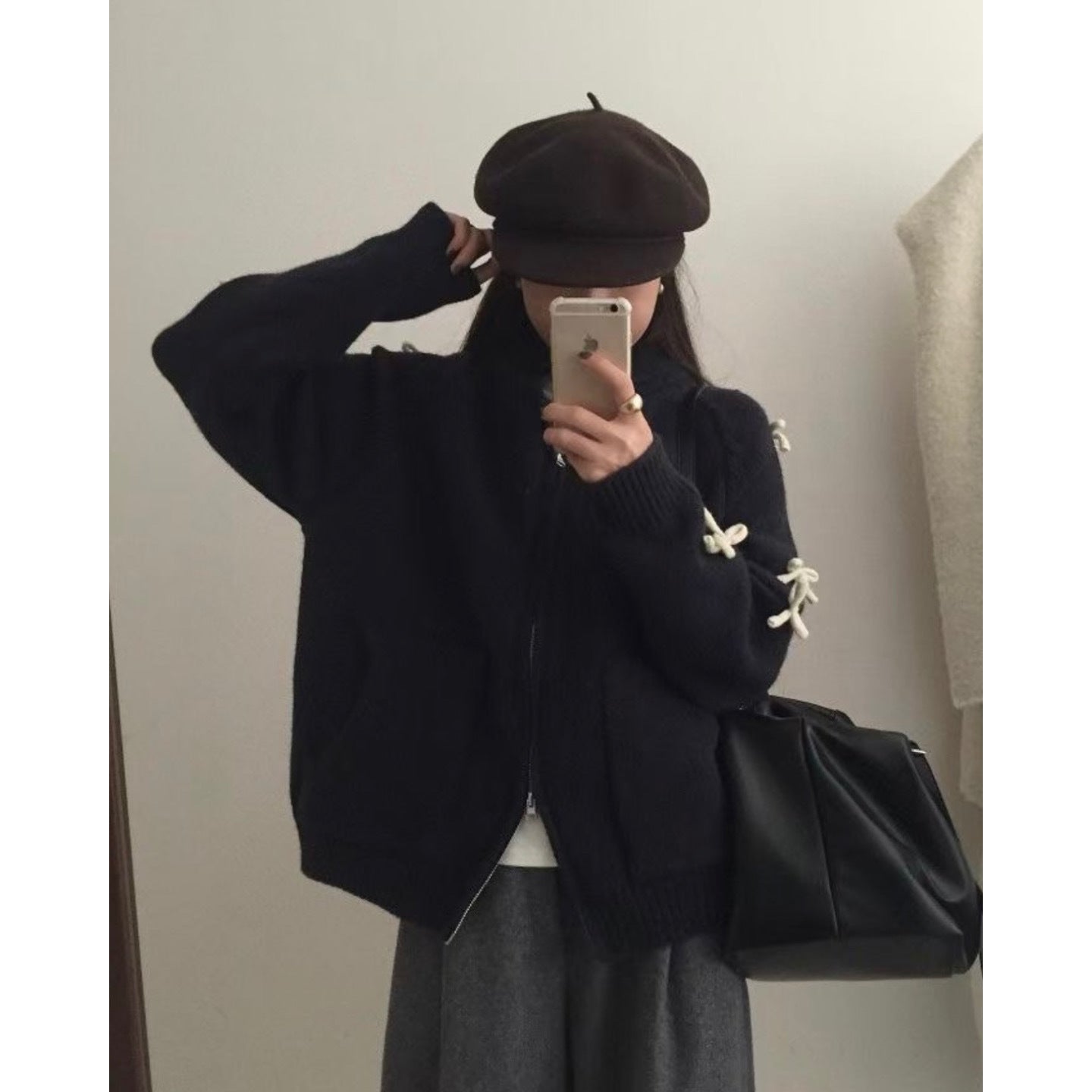 Bow Lazy Cardigan All-matching Lapel Zipper Sweater Coat