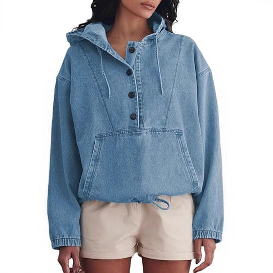 Women's Fashion Denim Hoodie Button Pullover Jacket