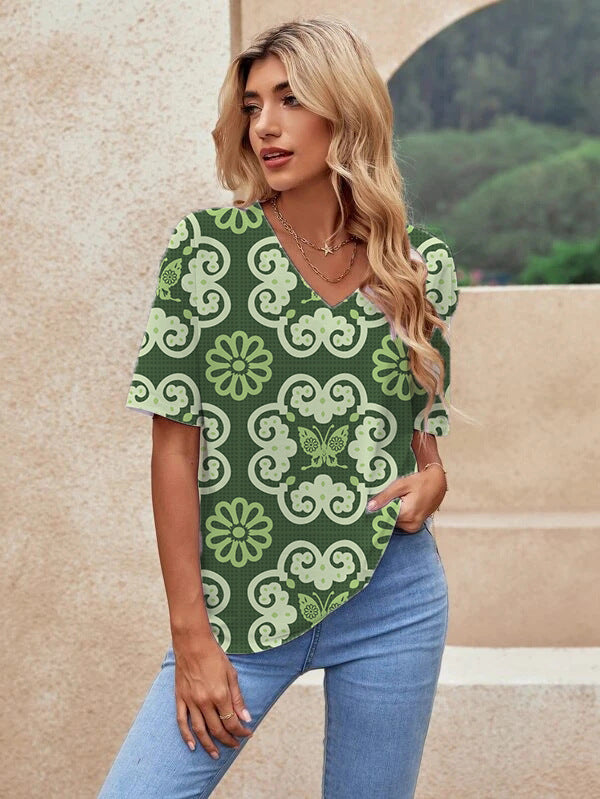 Printed Short Sleeve Urban Loose Casual Women's V Neck T Shirt