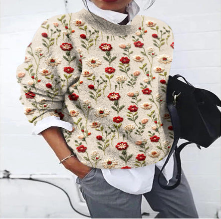 Thick Needle Digital Printing Women's Round Neck Sweater