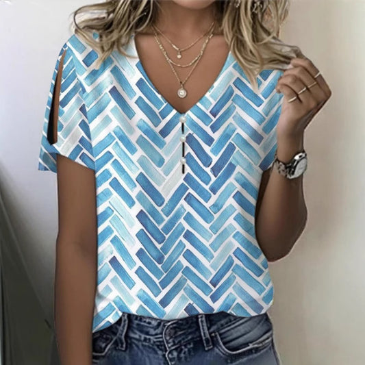 Floral Print Button Spring And Summer Women's Clothing T-shirt Short Sleeve